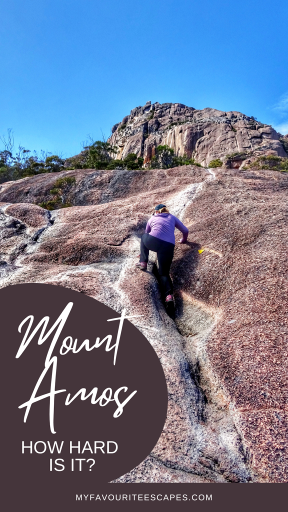 Pin using a photo of a woman going up on a steep granite rock with the text: "Mount Amos, how hard is it?"