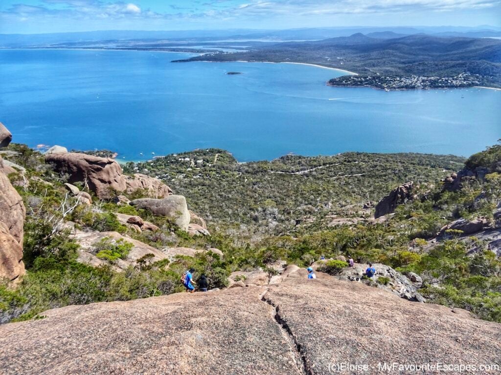 View of Coles Bay while climbing Mount Amos in Freycinet National Park